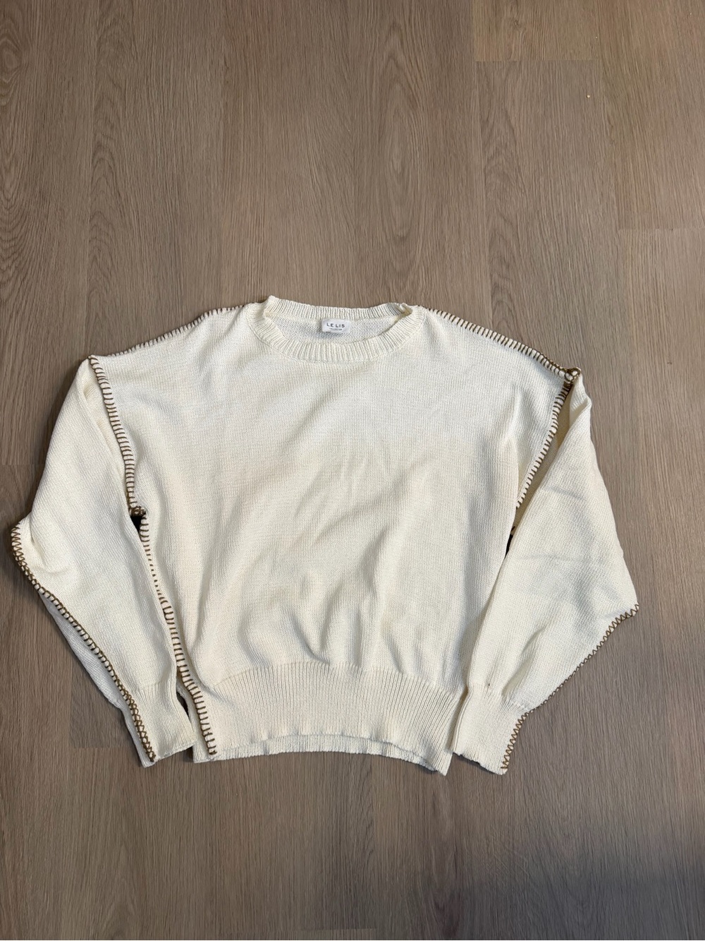 Le Lis Cream Crewneck Sweater with Brown Contrast Trim